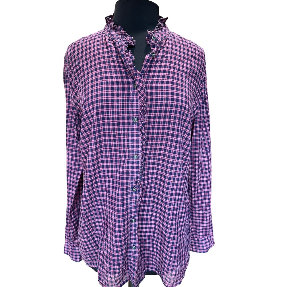 Gap Pink Navy Plaid Ruffle Collar Fitted Boyfriend Shirt XL Button Down Cotton
